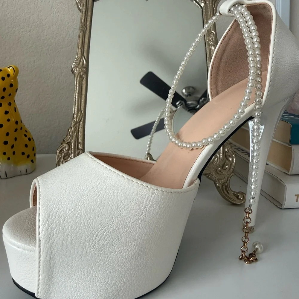 White Platform Heels with Pearl Ankle Strap - Picture 2 of 3